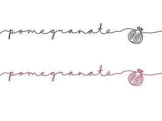 Pomegranate flavour monoline text. One line continuous concept Pomegranate juice banner. Line art pomegranate short phrases illustration.