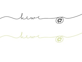 Fototapeta premium Kiwi Fruit flavour monoline text. One line continuous concept Kiwi juice banner. Line art kiwi short phrases illustration.
