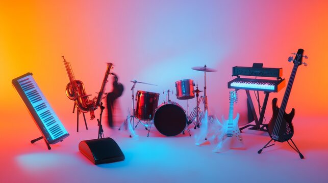 Colorful array of musical instruments on display.