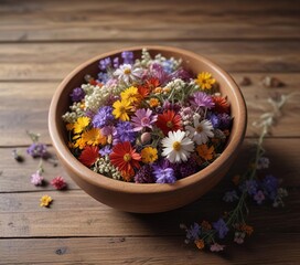 Small bowl of mixed dried flowers on wooden table, small bowl, natural bouquet