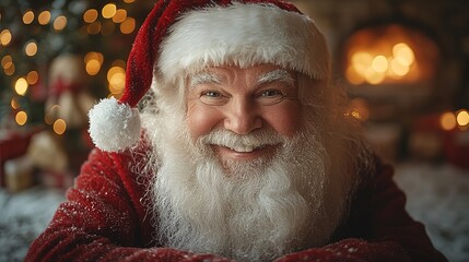 Close up shot of senior bearded man in santa clause outfit carrying gift boxes