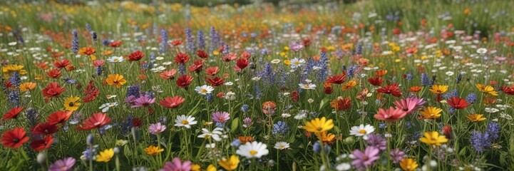 Obraz premium A bright and cheerful meadow filled with a variety of colorful wildflowers, red, cornflower