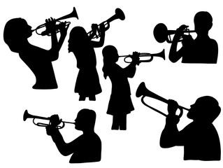 Silhouette person blowing trumpet . Music artist performer silhouettes. Brass instrument musician vector illustration.