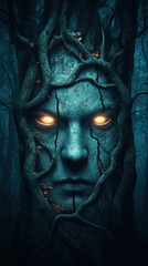 Horror, A mystical tree with a face, featuring glowing orange eyes, intertwined with roots and branches, evoking an eerie atmosphere in a dark forest.