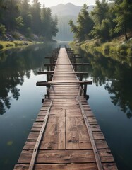 Fototapeta premium Long wooden bridge extending into the calm reservoir, lake, bridge, reservoir