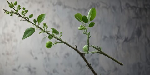 A single green pea on a thin, delicate branch, with a few leaves nearby , stems, blossoms