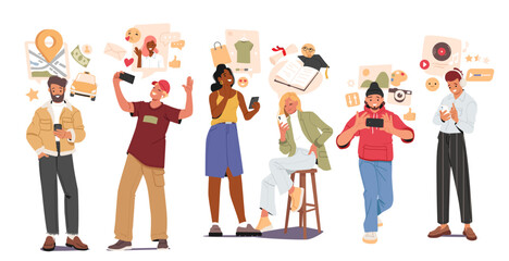 Happy people characters using mobile phones with different application and internet services