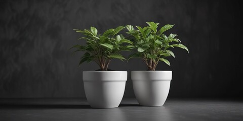 Fototapeta premium A small potted plant in a small white ceramic pot sits on a dark grey-colored background with a single spotlight shining down on the plant , white pot, grey wall