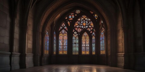 Fototapeta premium richly detailed gothic entranceway with stained glass windows and soft luminescent glow, richly, glass