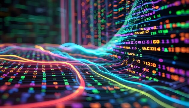 Abstract Data Flow  Neon Code  Digital Wave  Technology Background