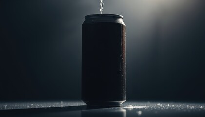 A dark can with water pouring over it, illuminated by soft light, creating a dramatic and refreshing effect.