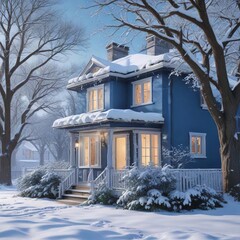 Snowy blue house with snow-covered tree branches, forest, winter scene
