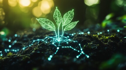Digital plant growth with glowing roots and leaves.
