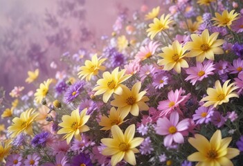 Soft focus abstract floral background with mixed summer flowers in soft pink purple hues and bright yellow petals, colourful flowers, purple, summer garden decor