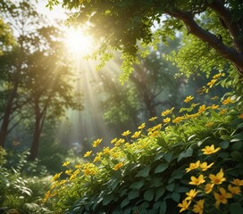 Obraz premium Lush green leaves with scattered golden flowers and sunlight filtering through, flowers, green