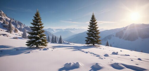 In a secluded snow-covered valley, a lone Christmas tree shines with soft light, snowy mountainside, secluded valley