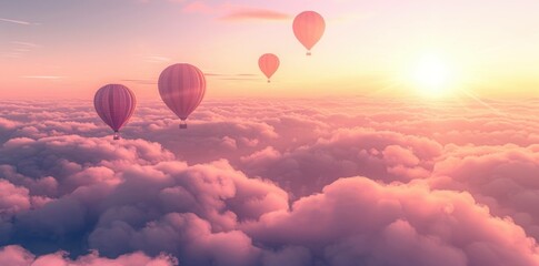 Fototapeta premium Colorful hot air balloons flying over a dreamy landscape of fluffy clouds at sunset. Adventure and travel concept with vibrant sky hues.