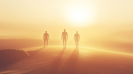 Fototapeta premium Figures walking towards a glowing sunset horizon.