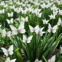 A garden full of white butterflies on green onions, insect life, green onion, foliage