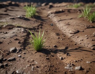 A solitary blade of grass growing from the earth at varying distances from a central point, nature, landscape