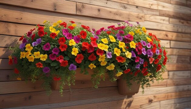 A vibrant calibrachoa bush with a variety of colors suspended on a wooden wall, calibrachoa, hanging plants