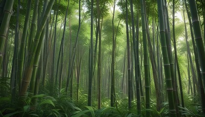 Fototapeta premium Lush green bamboo forest with towering stalks, tall trees, wilderness area