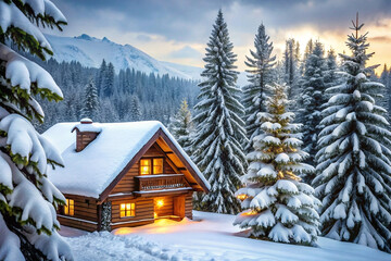 Cozy snow-covered cabin nestled in a snowy mountain forest at sunset.