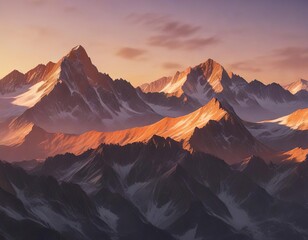 Mountain peaks illuminated by the orange light of sunset, mountain landscape at dusk, mountain scenery
