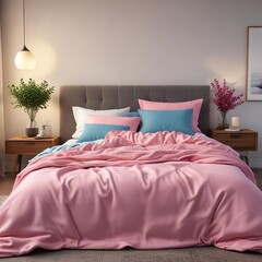 A cozy and inviting bedroom featuring a made bed adorned with a striking blue pillow and a plush pink blanket, pink blanket, calming atmosphere, tranquil environment