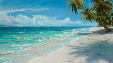 Hyperrealistic depiction of a pristine beach with turquoise waters and palm trees
