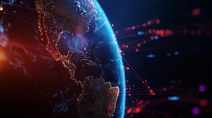 Visual representation of Earth highlighting digital connections and global networks in a vibrant dark backdrop