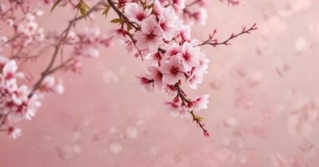 Obraz premium A sprig of sakura branches with vibrant pink and white flowers against a pastel-colored background , flowers, soft