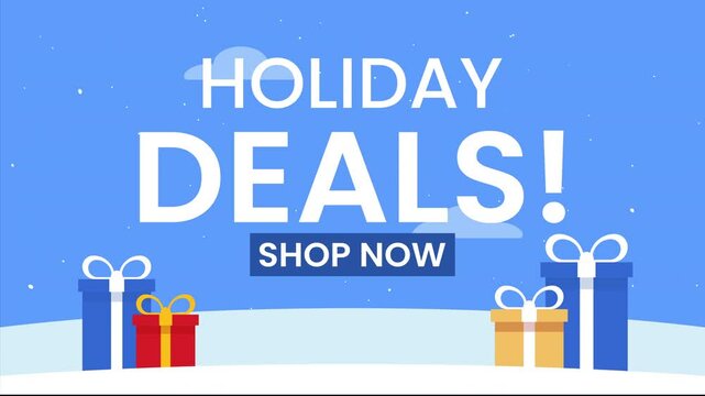 holiday sale advertisement with gifts shop now button on blue background. Suitable for Christmas promotions and online shopping campaigns.