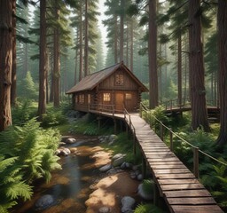 Cozy cabin nestled among towering pine trees and lush greenery, with a wooden bridge leading to the entrance, serene atmosphere, cabin, pine trees