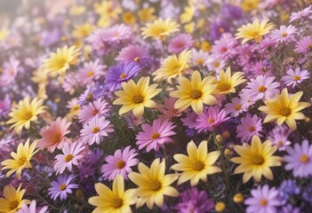 Soft focus abstract floral background with mixed summer flowers in soft pink purple hues and bright yellow petals, abstract floral, summer flowers