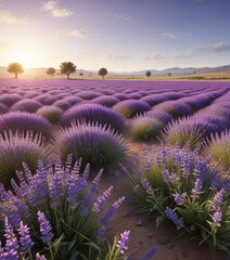 Naklejka premium Softly swaying lavender plants in a vast open field , sun shining, peaceful atmosphere, natural serenity