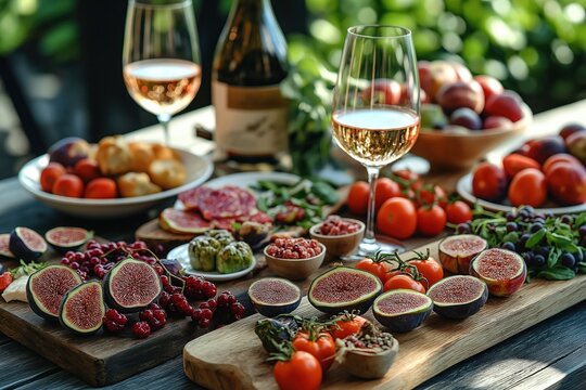 Gourmet food display outdoor setting. Fresh fruits vegetables cheeses, bread arranged on rustic wooden boards. Wine glasses filled with rose wine. Outdoor alfresco dining experience. Fine dining