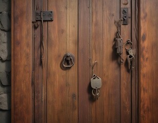 Fototapeta premium An old wooden door with a rusty old key and keyring hanging from a hook, neglect, hook