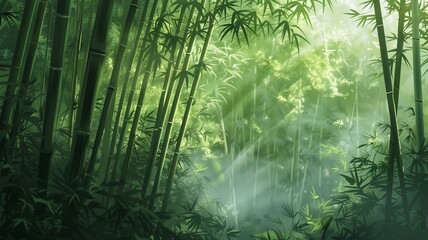 Fototapeta premium Hyperrealistic depiction of a serene bamboo forest with rays of sunlight filtering through the leaves 