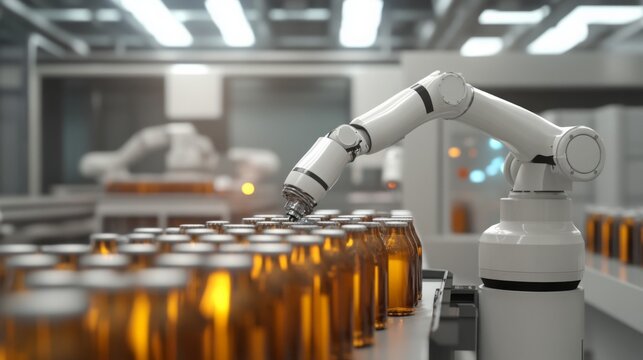 A sophisticated robotic arm efficiently sorts and handles bottles of wine in a contemporary production facility. This setup emphasizes natural wine production, showcasing automation in action.