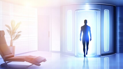 Obraz premium Futuristic scene with glowing doorway and figure.