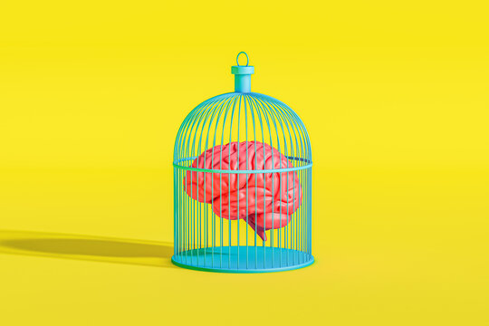 Brain encapsulated in a cage against a bright yellow background