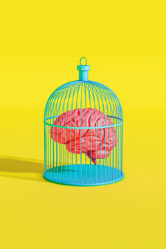 Brain encapsulated in a cage against a bright yellow background