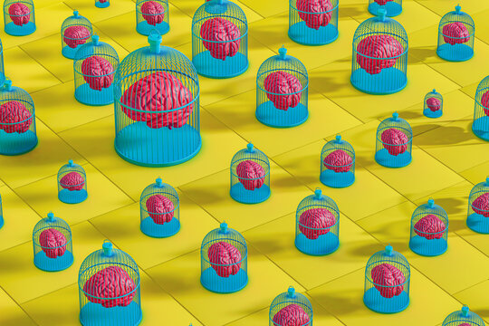 A collection of caged brains on vibrant yellow surface