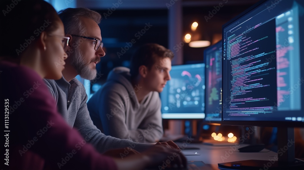 Poster team members collaborate on a software project in a dimly lit office with multiple computer screens 