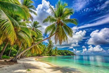 Idyllic tropical beach with leaning palm trees, white sand, turquoise water, and a vibrant blue sky.