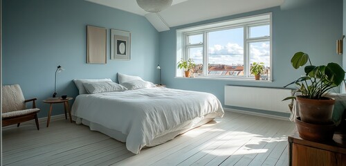 Bright loft bedroom with pale birch floors and subtle sky-blue walls, giving a serene, Scandinavian vibe.