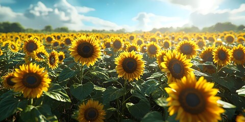 Fototapeta premium A vibrant field of sunflowers stretches to the horizon under a bright blue sky, showcasing the golden blooms basking in the warm sunlight, creating a cheerful and serene atmosphere.