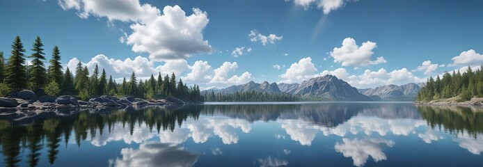 Clouds reflected in the calm and peaceful lake on a clear blue sky, clear blue sky, peaceful scene