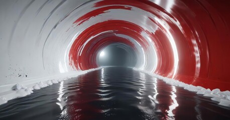 Red and white tunnel with a shimmering water effect, mesmerizing movement, fluid motion, aquatic tunnel